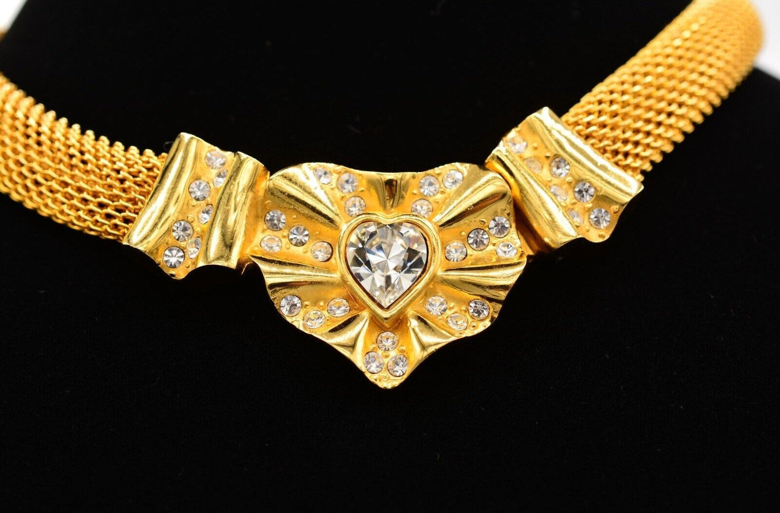 Givenchy Vintage Crystal Heart Gold Tone Mesh Necklace – Poshique