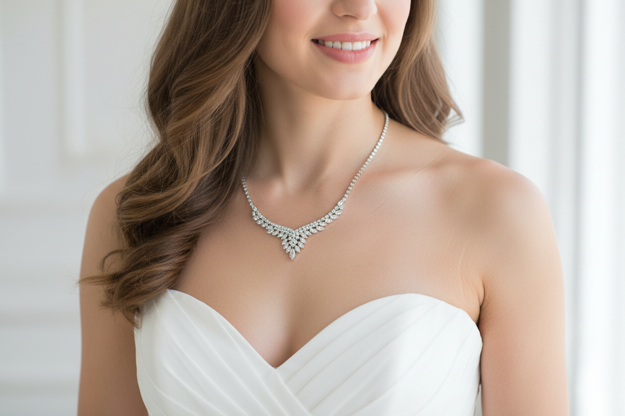 Silver necklace on a black mannequin bust with a white background