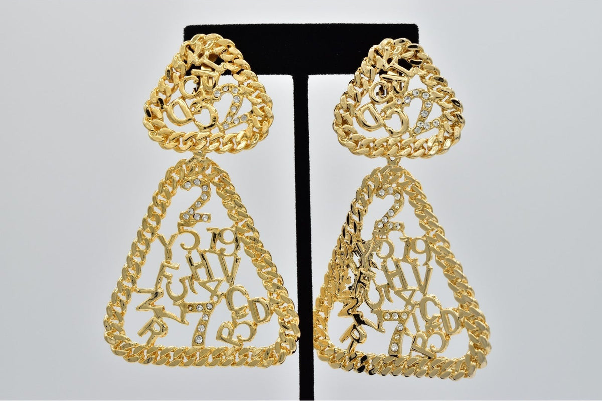 Vintage NOS Gold Crystal Alphabet Number Triangle Clip On Earrings