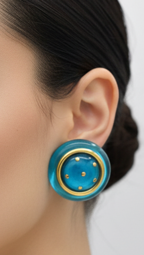 Pair of blue and gold circular earrings on a black stand against a light gray background