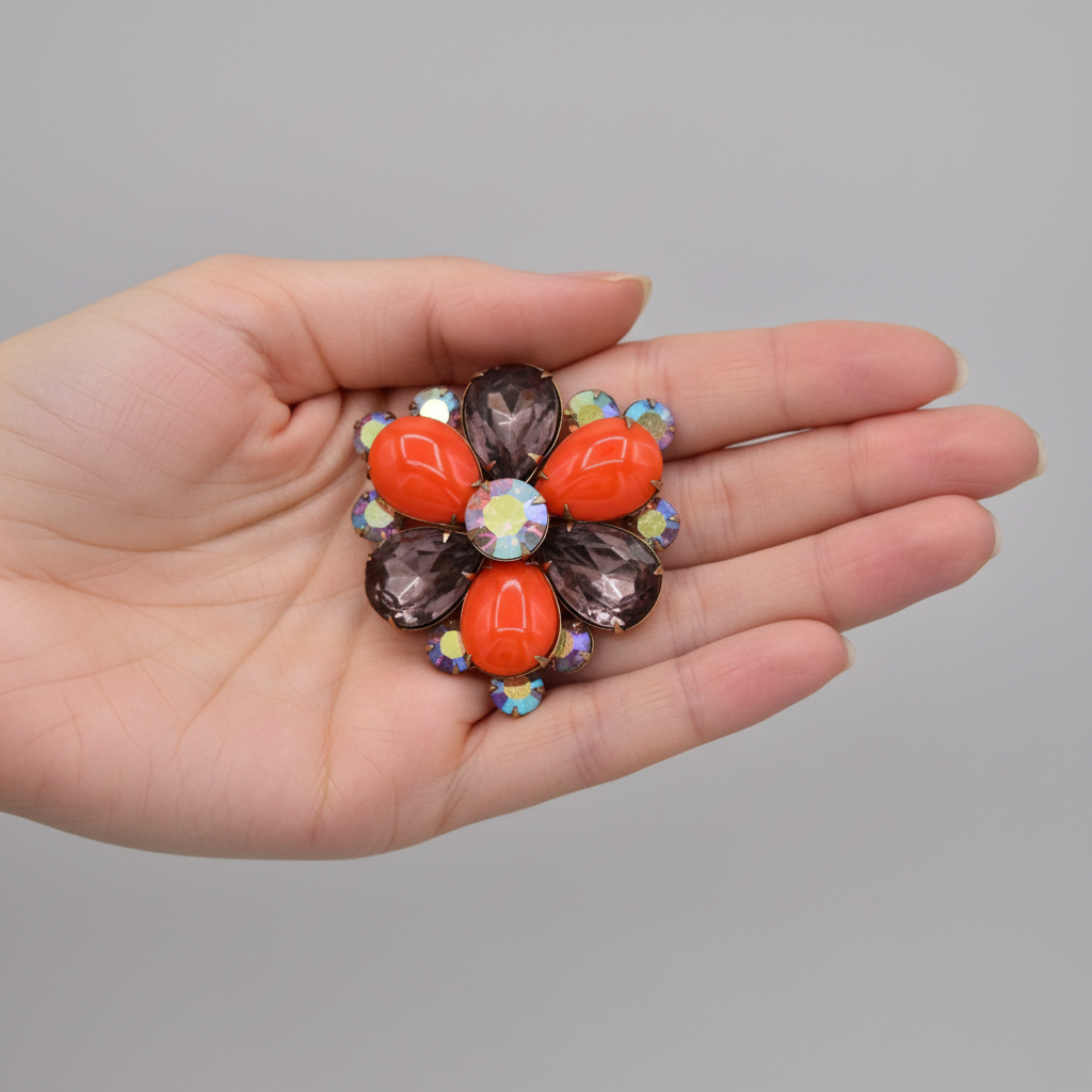 Vintage Orange Purple AB Rhinestone Crystal Flower Brooch