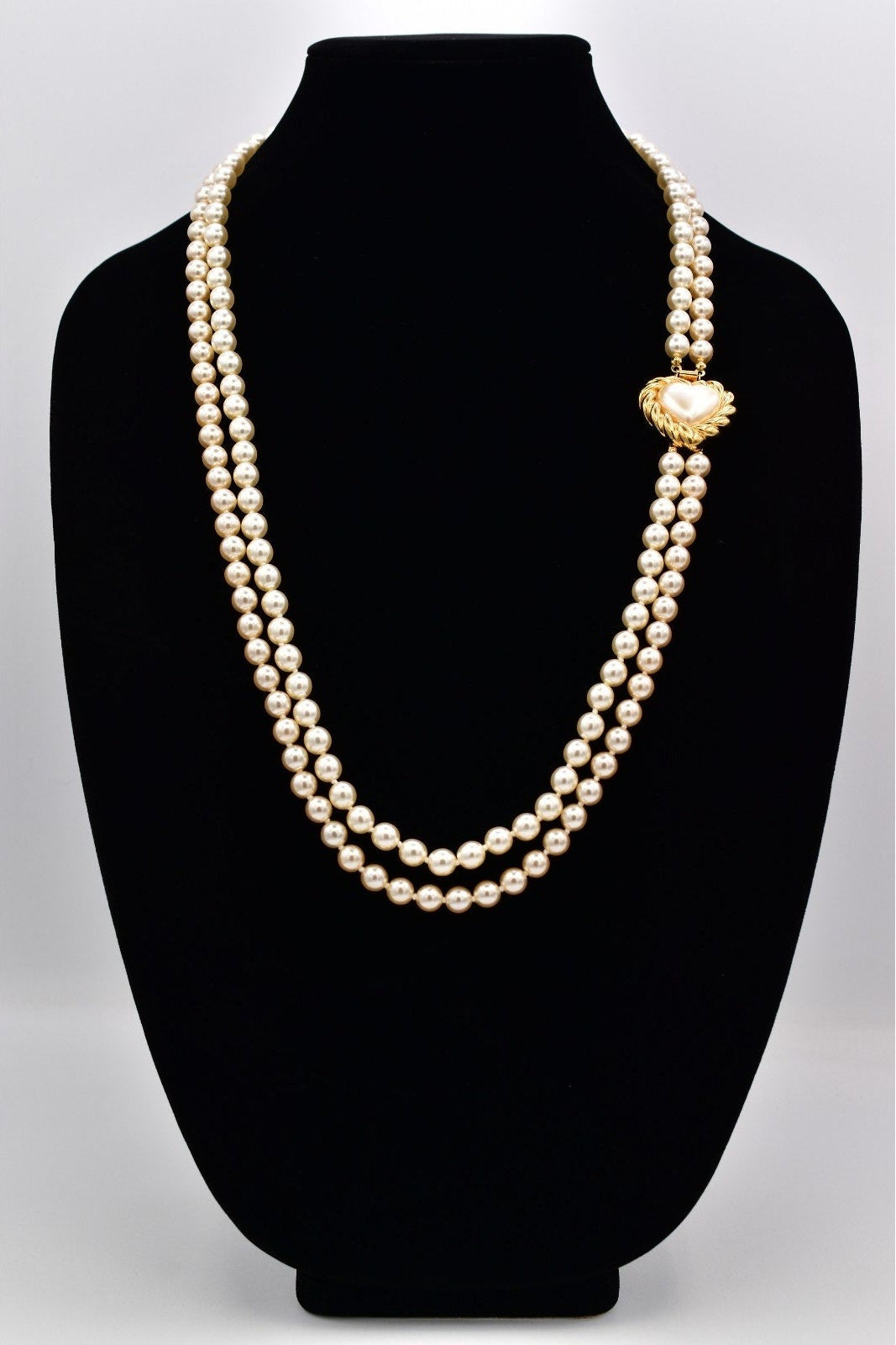Vintage Joan Rivers Double Strand Pearl Heart Necklace Gold Tone