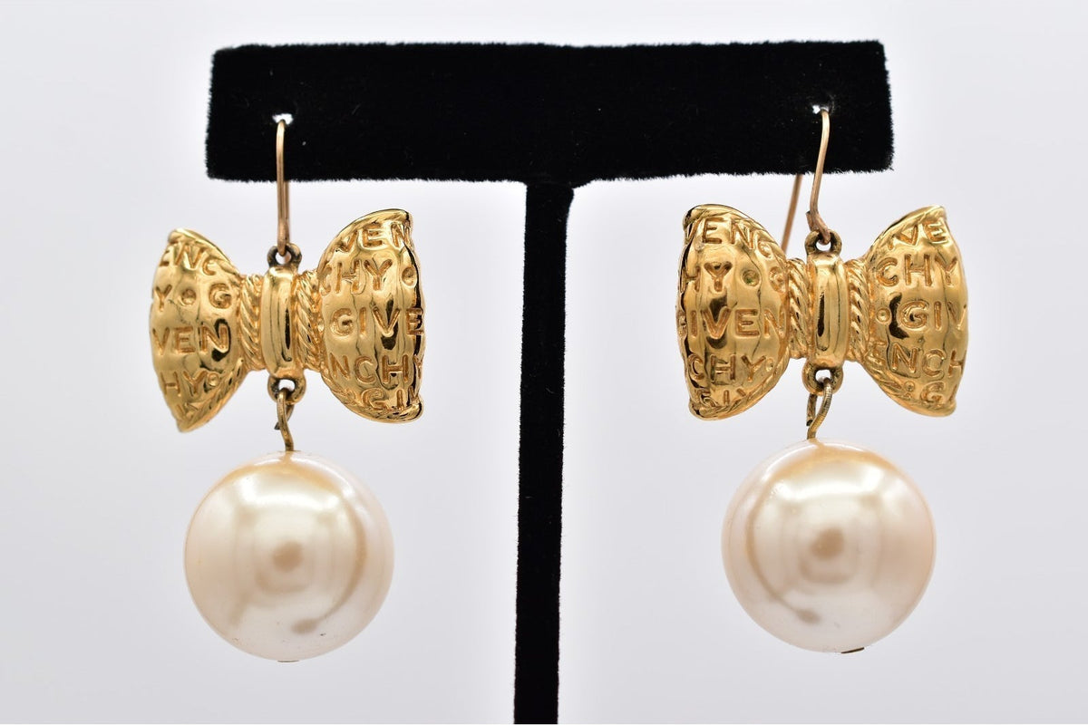 Givenchy Vintage Logo Bow Pearl Drop Dangle Earrings