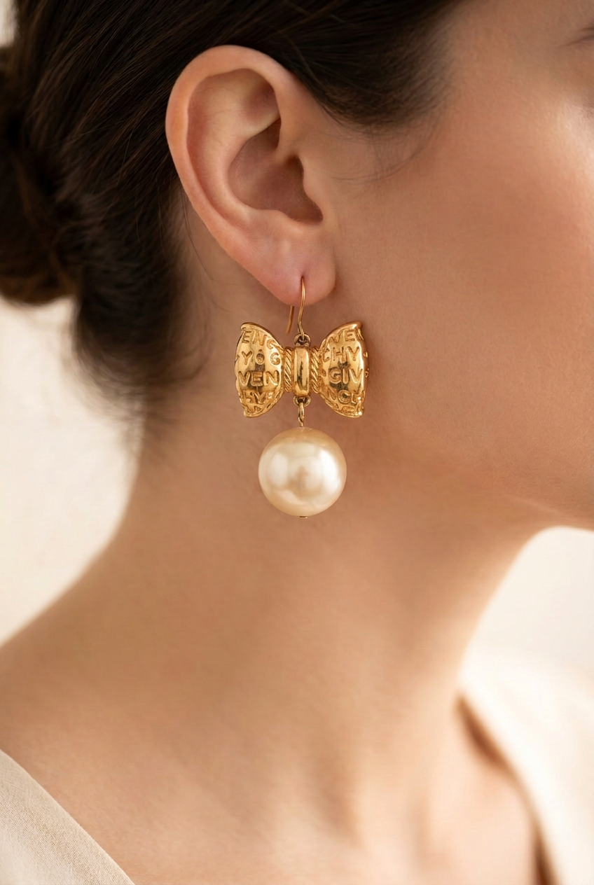 Givenchy Vintage Logo Bow Pearl Drop Dangle Earrings