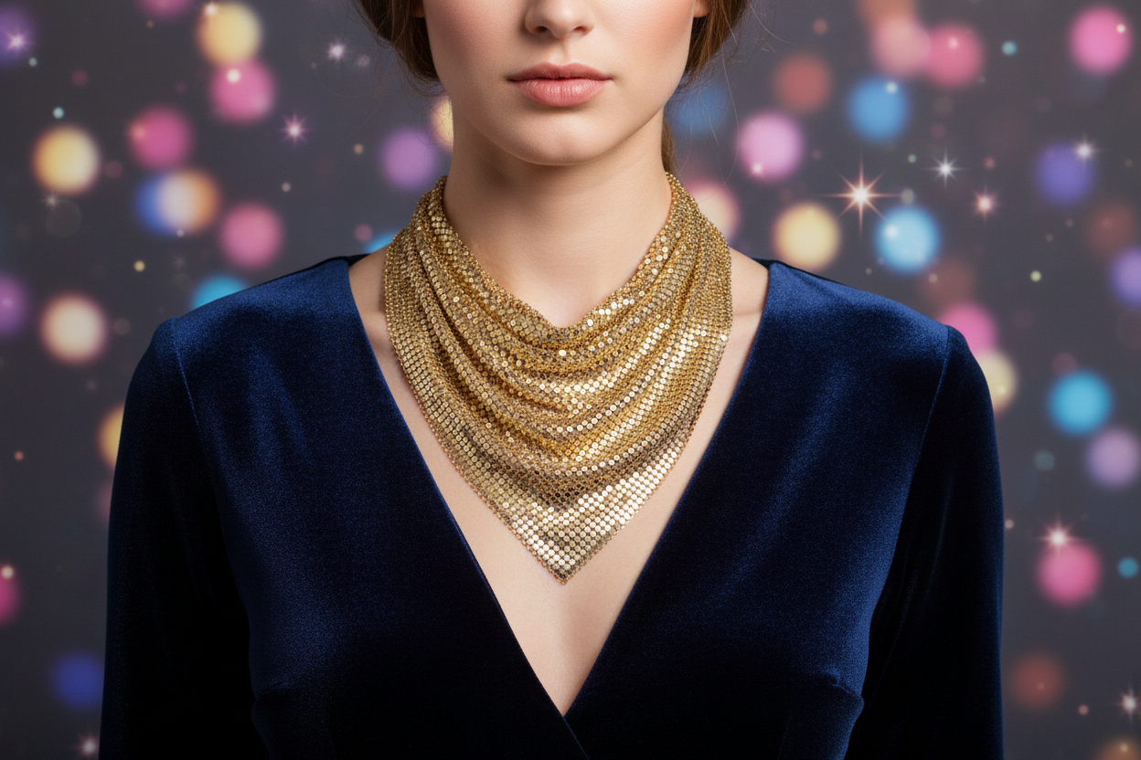Gold mesh necklace on a black mannequin against a white background