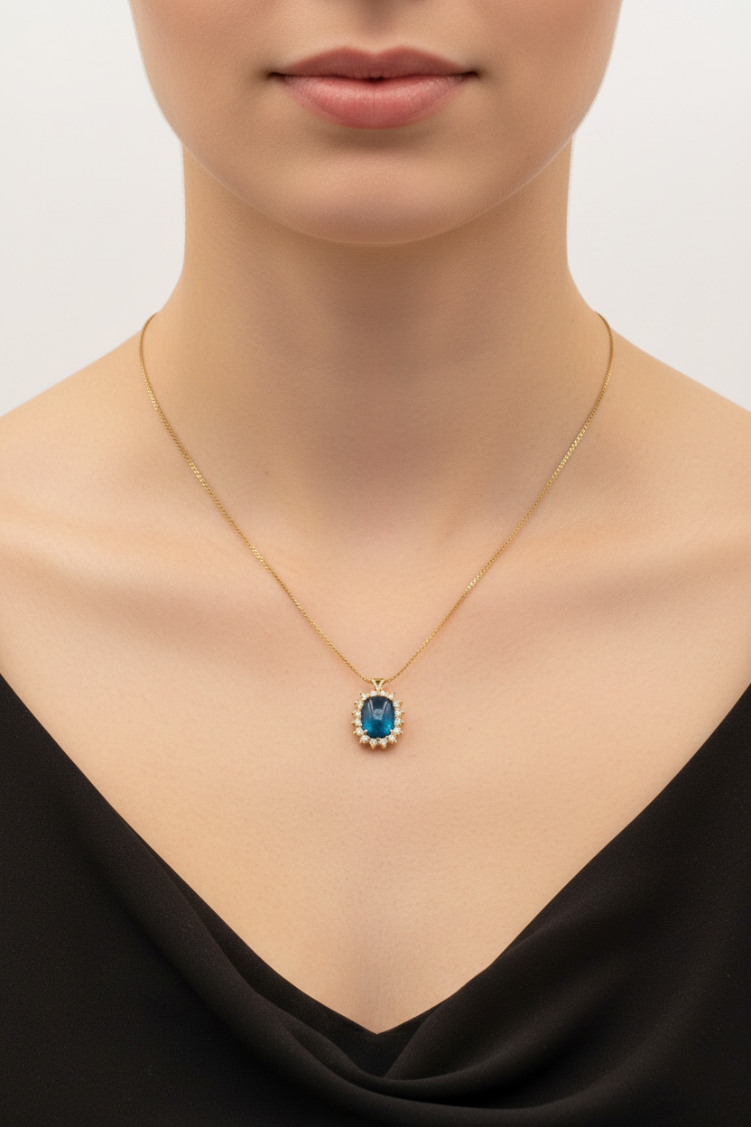 Vintage Givenchy Blue Cabochon Pendant Necklace – Gold Tone Statement