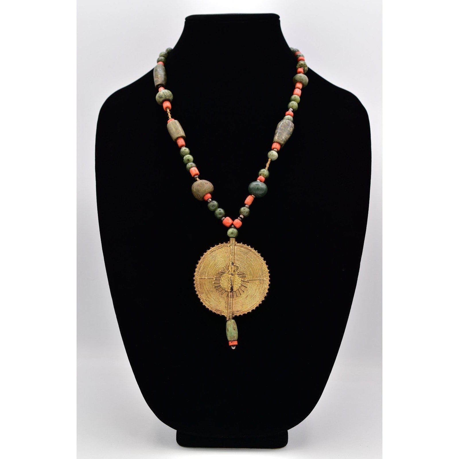 Vintage African Brass Medallion Necklace with Natural Stone Beads