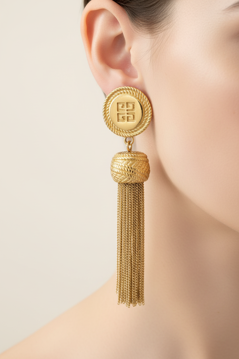 Givenchy Vintage Logo Tassel Clip On Earrings Multi-Chain Fringe Signed 80s Bin1