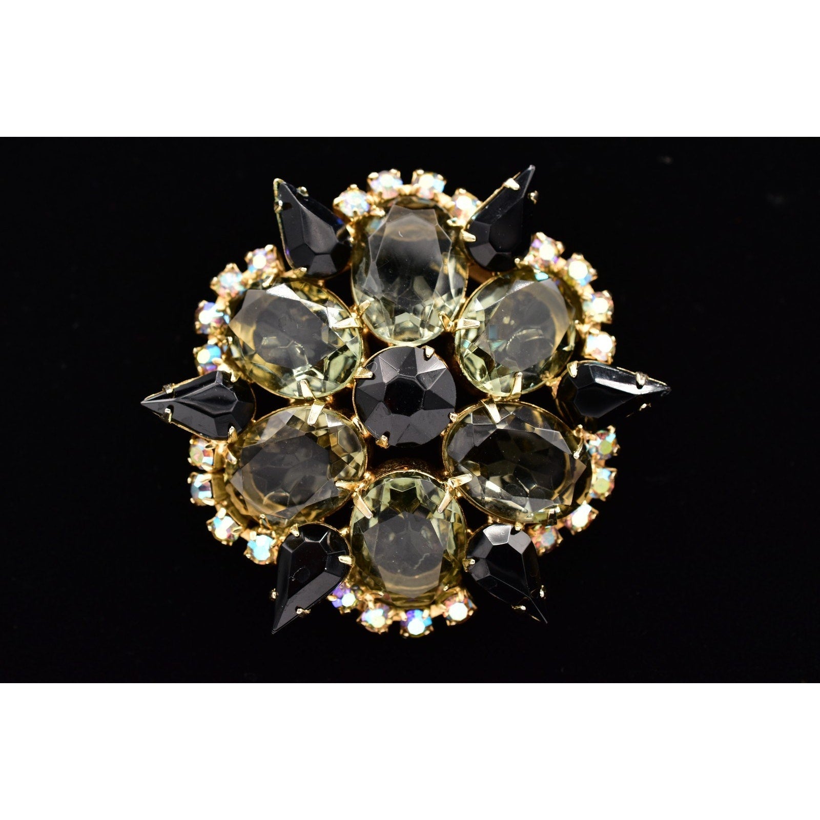Smoky Topaz & Black Navette Rhinestone Brooch