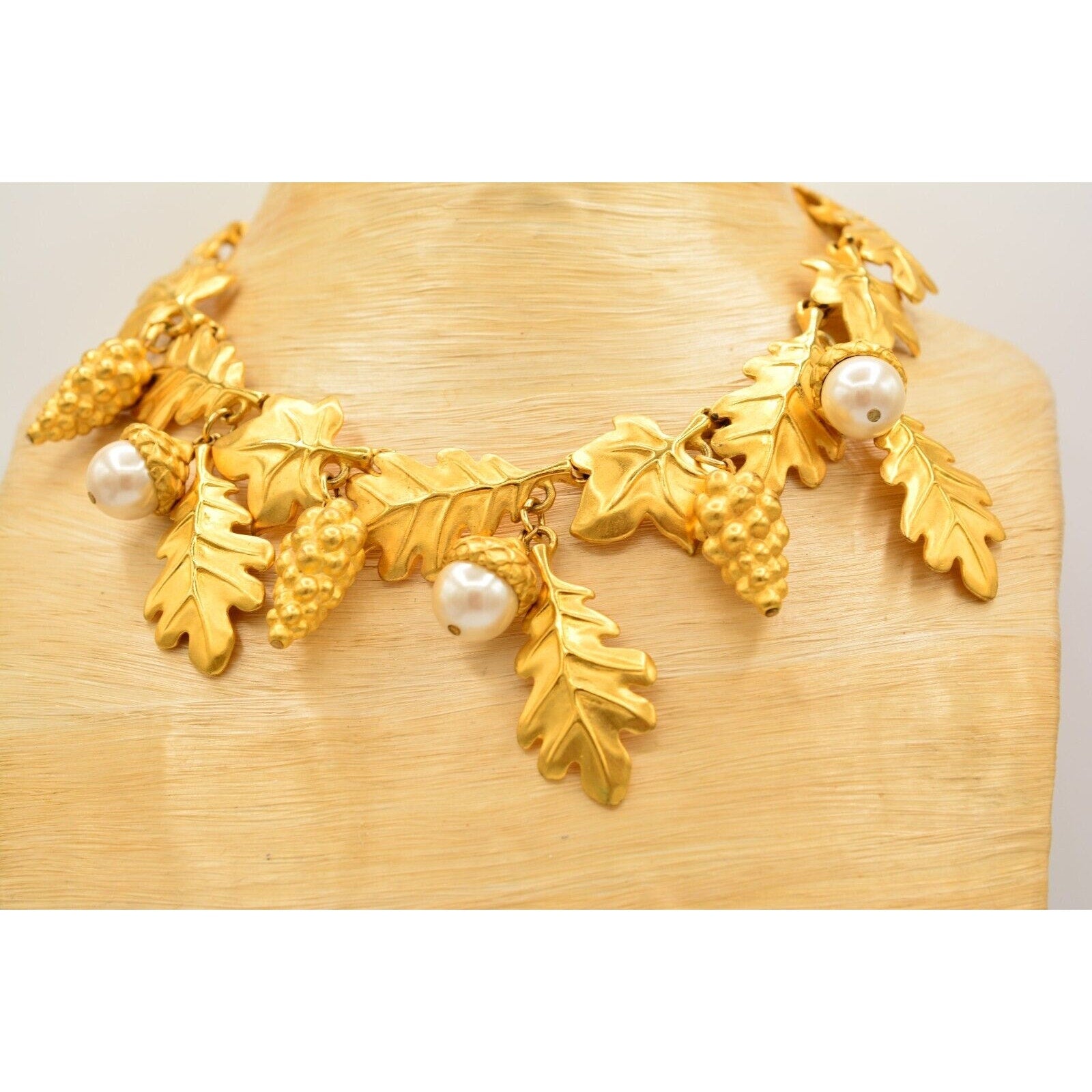 Givenchy Vintage Grape Acorn Necklace Brushed Gold Leaf Signed Runway RARE Bin3D