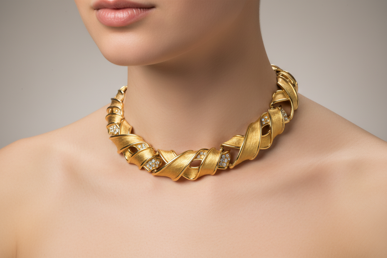 Gold necklace with diamond accents on a black background