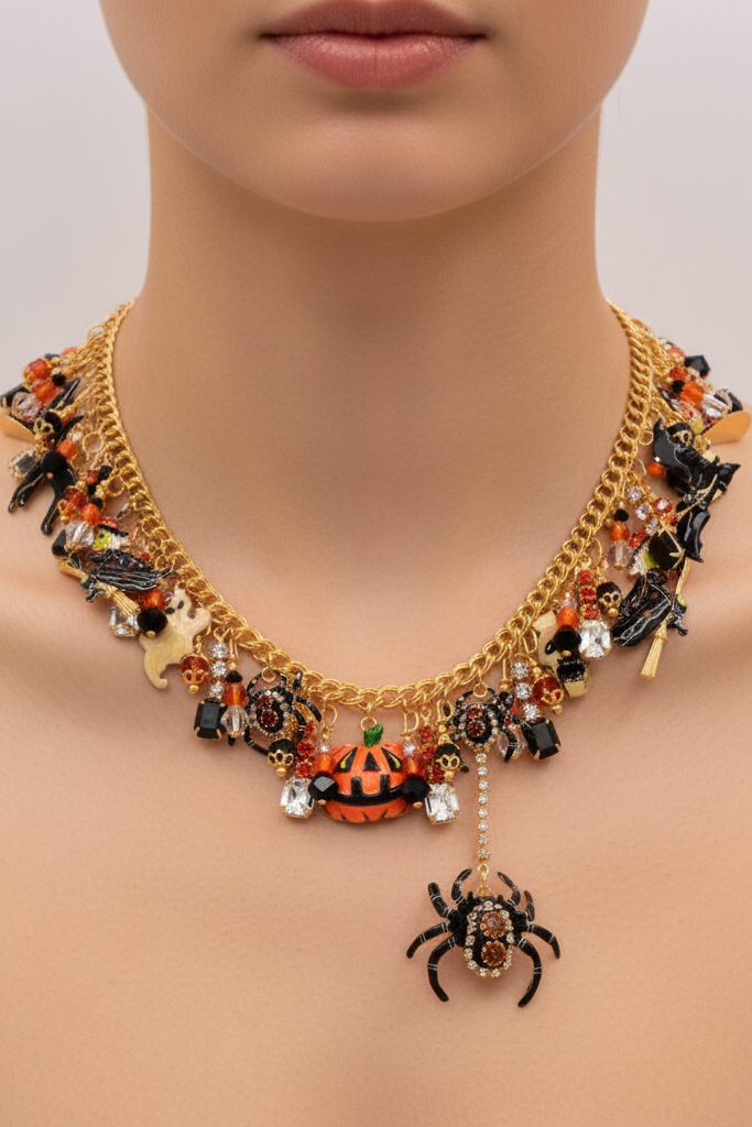 A gold-tone double-strand necklace with Halloween-themed charms, including a pumpkin, spider, bats, and black cat figures, displayed on a light wood mannequin bust.