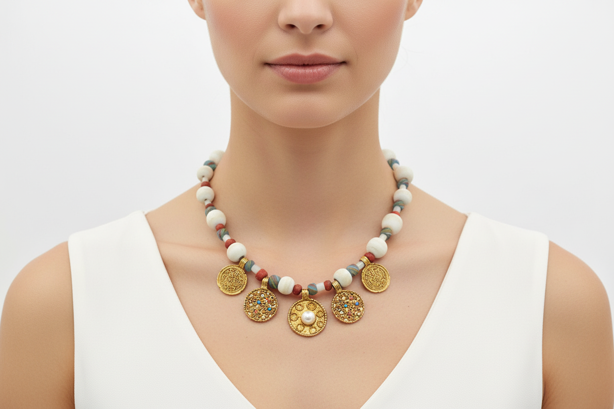 Necklace with coins and beads worn by a model on a white background