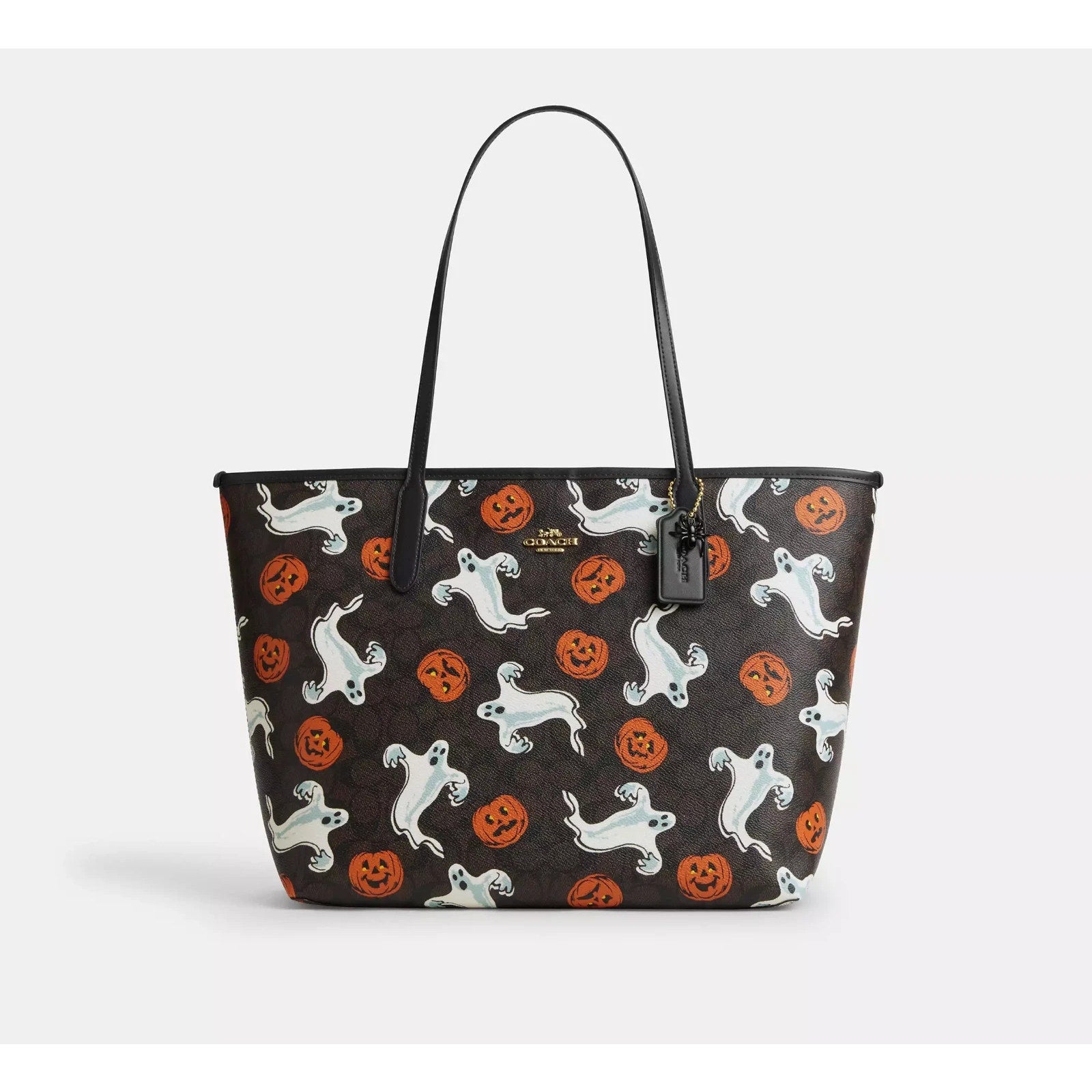 Coach City Tote Bag In Signature Canvas With Halloween Print Pumpkin Ghost NWT