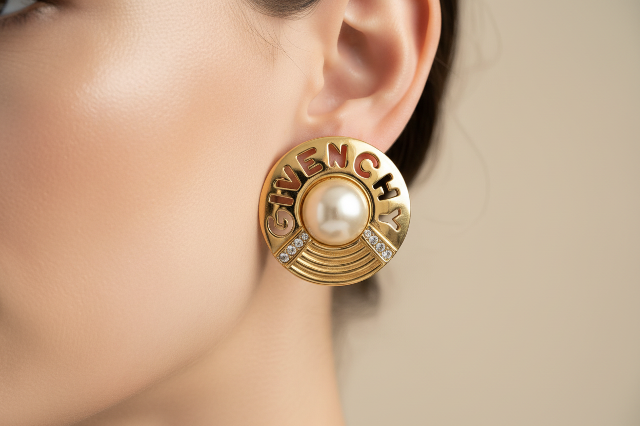 Gold earrings with pearl center and 'GIVENCHY' branding on a white background