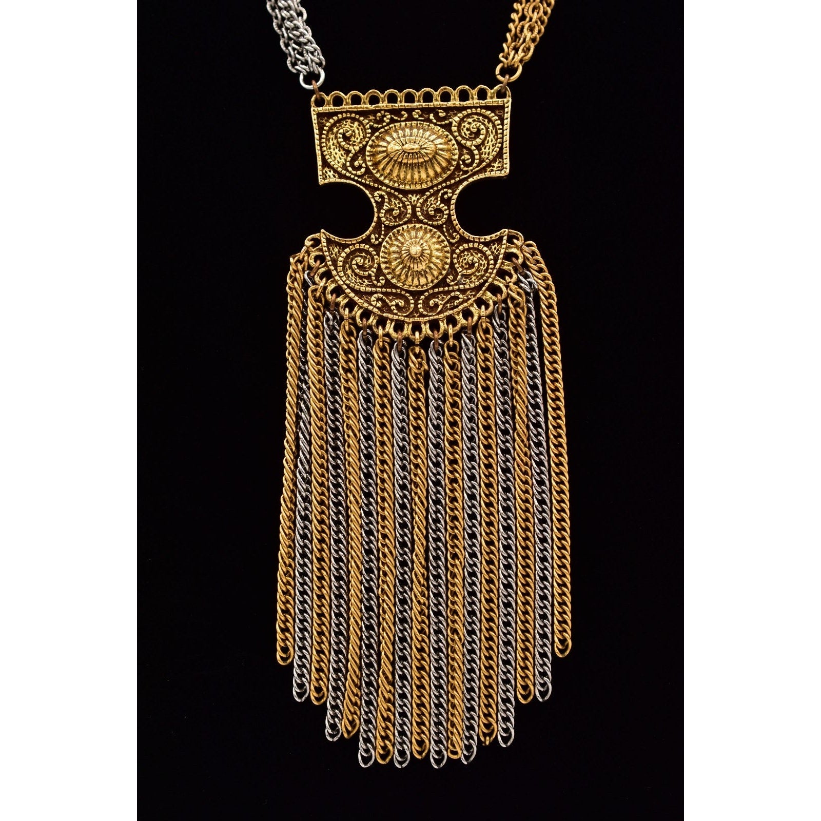 Vintage Gold Silver Tone Fringe Pendant Necklace