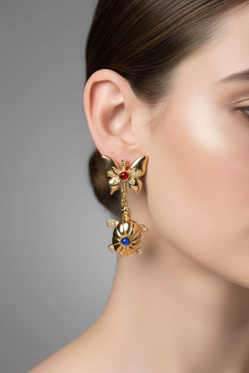 Vintage Cabochon Butterfly Turtle Earrings