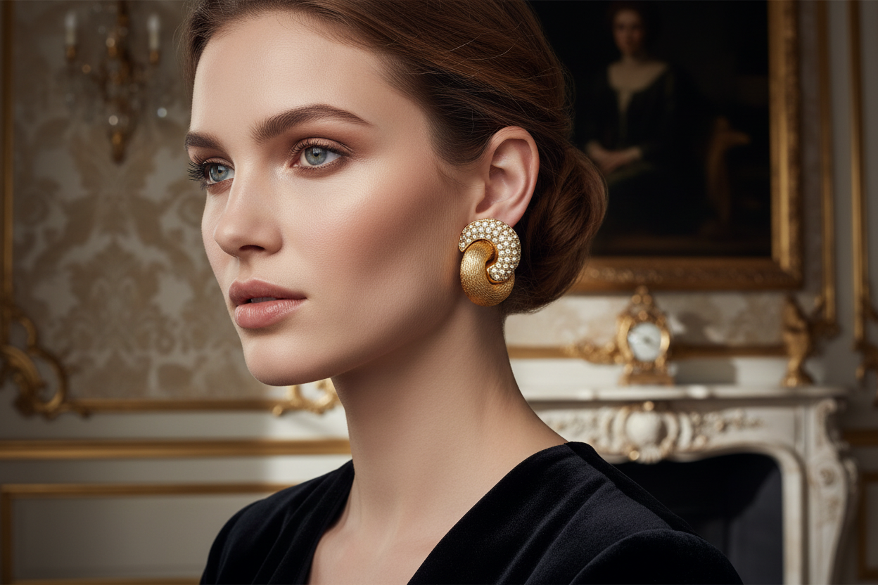 Gold earrings with crystal embellishments on a black stand against a white background