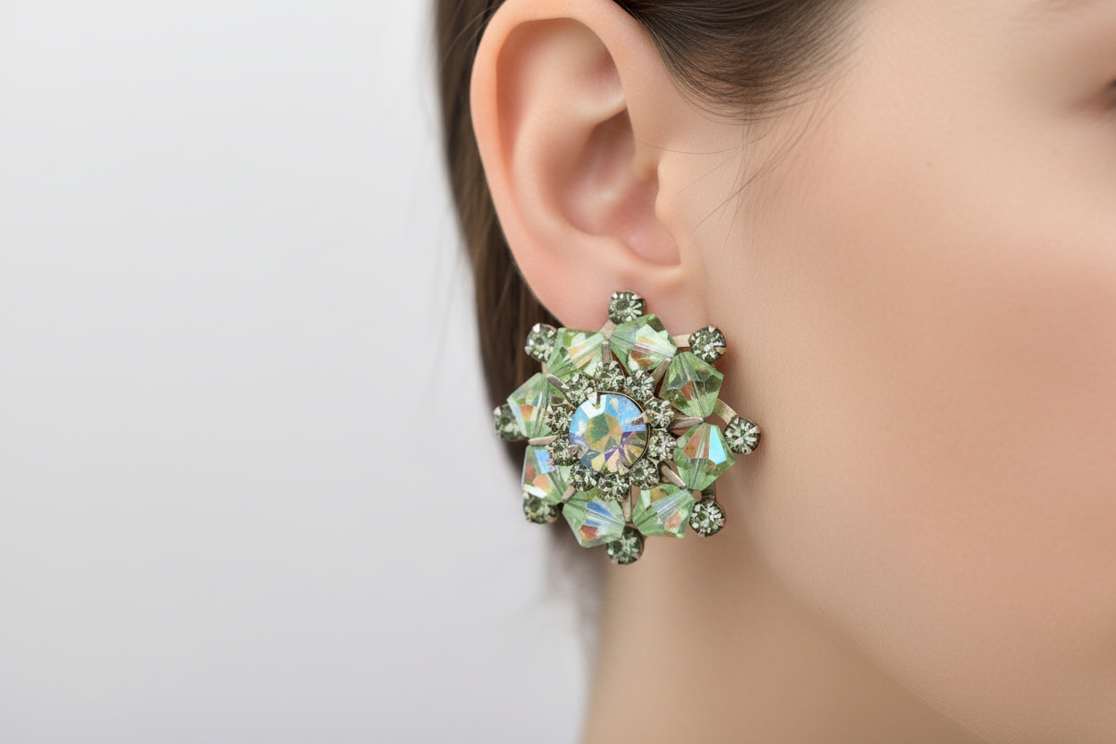 Pair of green crystal earrings on a black stand against a light gray background