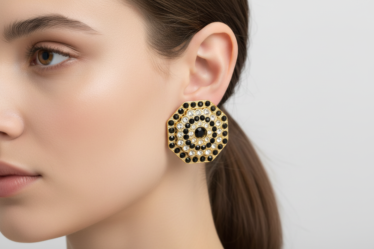 Hexagonal earrings with gold, black, and clear gemstones on a white background