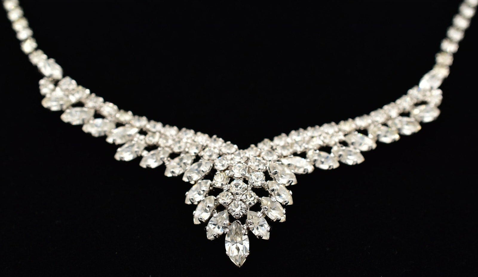 Christian Dior marquis rhinestone necklace on a black background