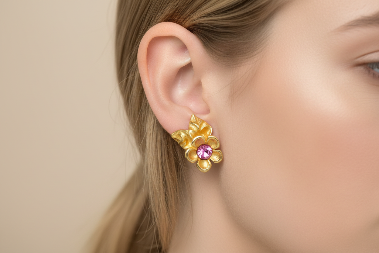 A pair of vintage Givenchy flower earrings with pink cabochon centers and brushed gold finish displayed on a black ear stand.