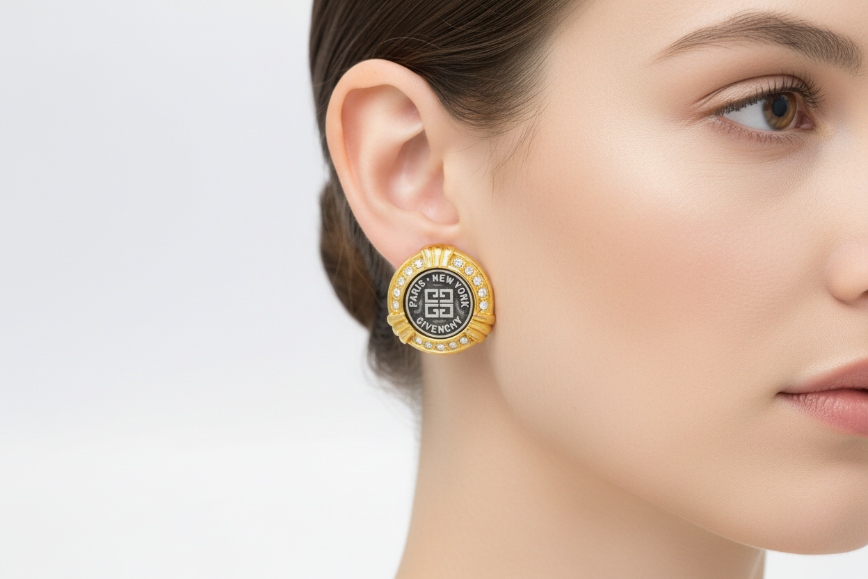 Gold and black Givenchy earrings on a stand with a white background