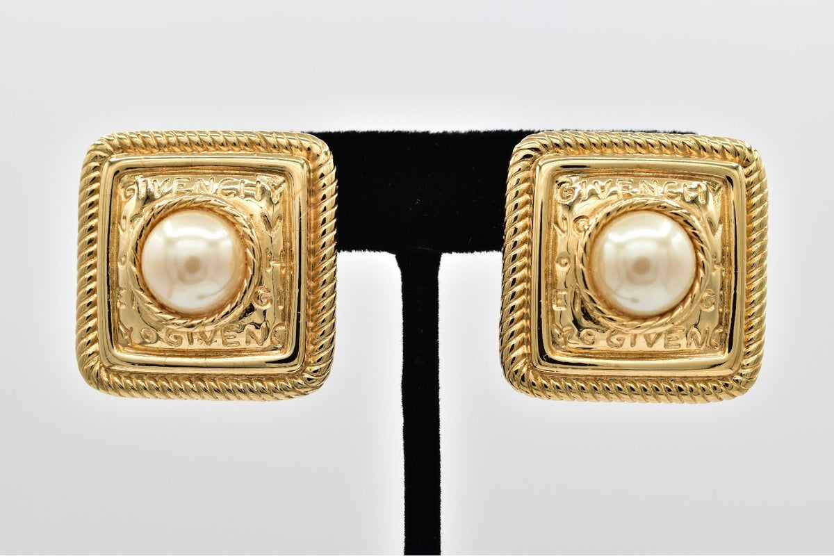 Givenchy Vintage Square Logo Pearl Clip On Earrings