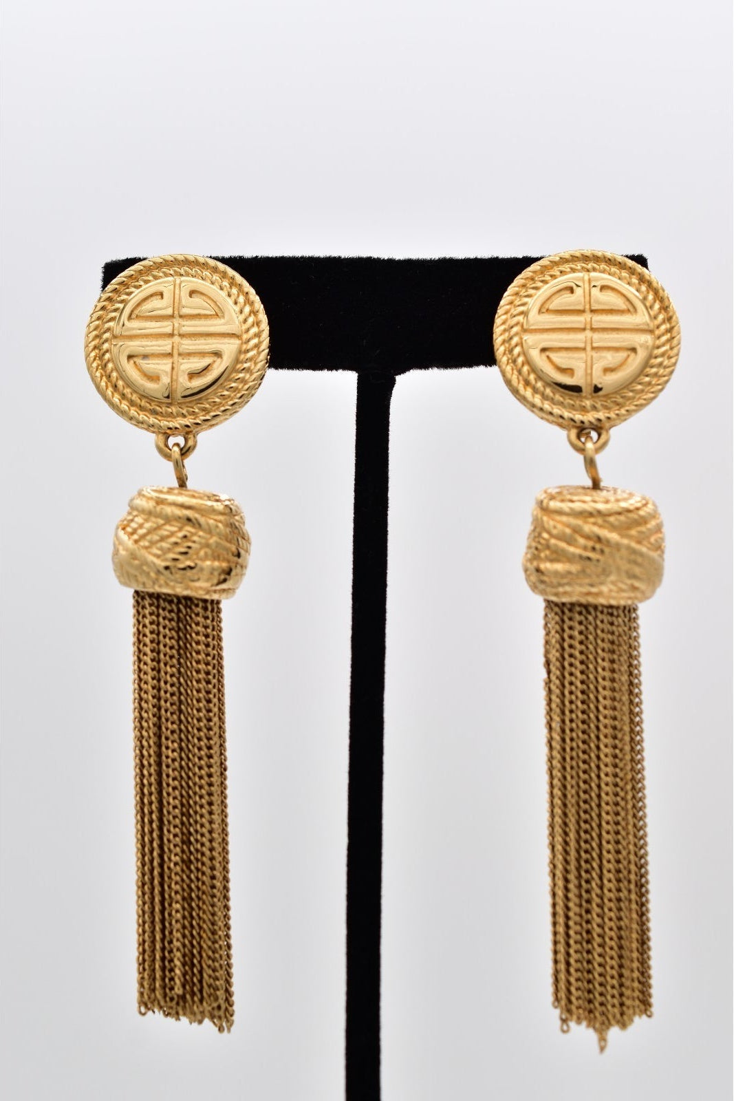 Givenchy Vintage Gold Logo Tassel Fringe Clip On Earrings