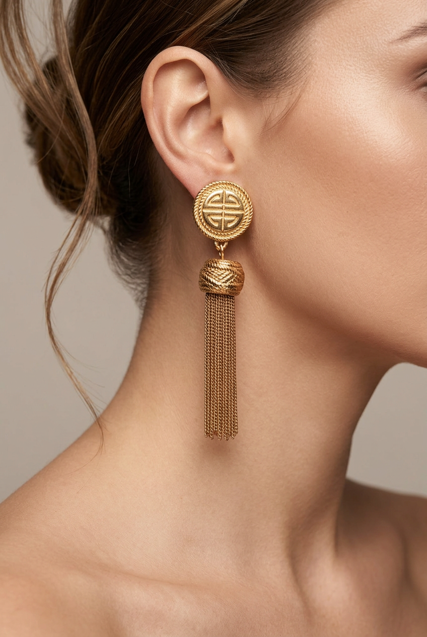 Givenchy Vintage Gold Logo Tassel Fringe Clip On Earrings