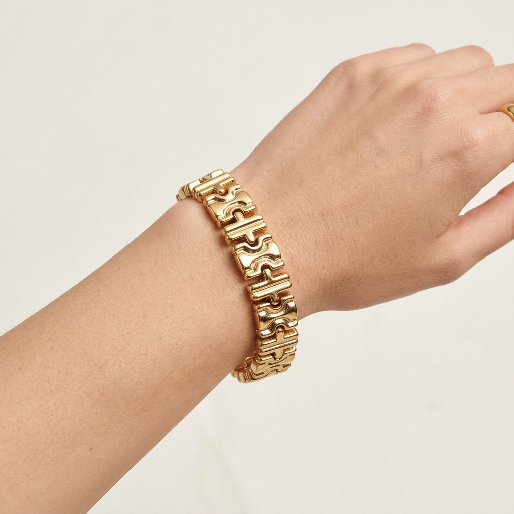 Vintage NOS Gold Tone Geometric Sculpted Link Bracelet Chunky Heavy 1980s