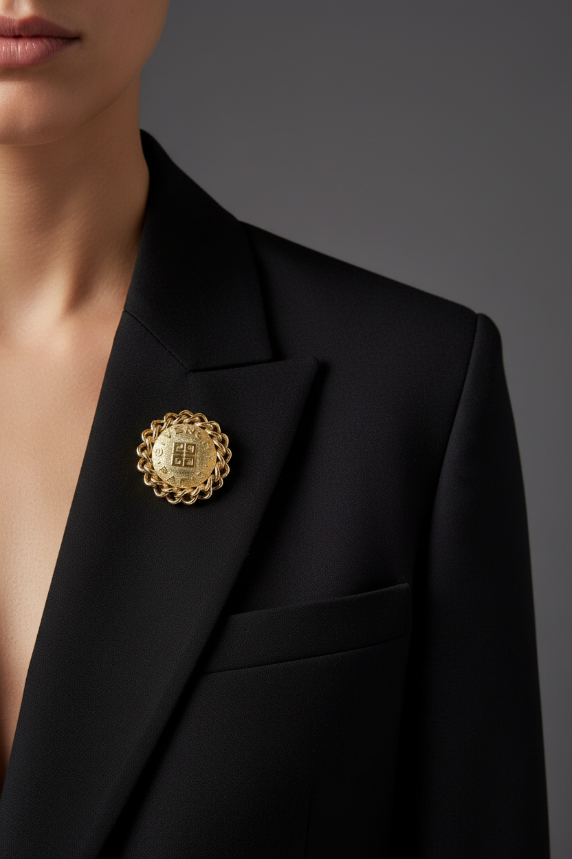 Vintage Givenchy 4G Logo Round Brooch – Gold Tone Statement Pin