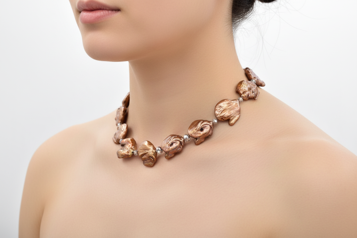 Necklace with large brown beads on a black mannequin against a white background