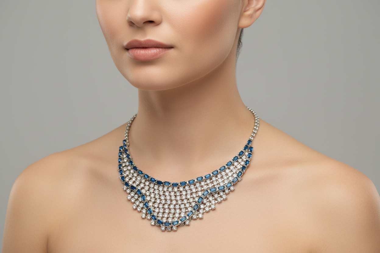 Necklace with blue and silver stones worn by a model on a gray background