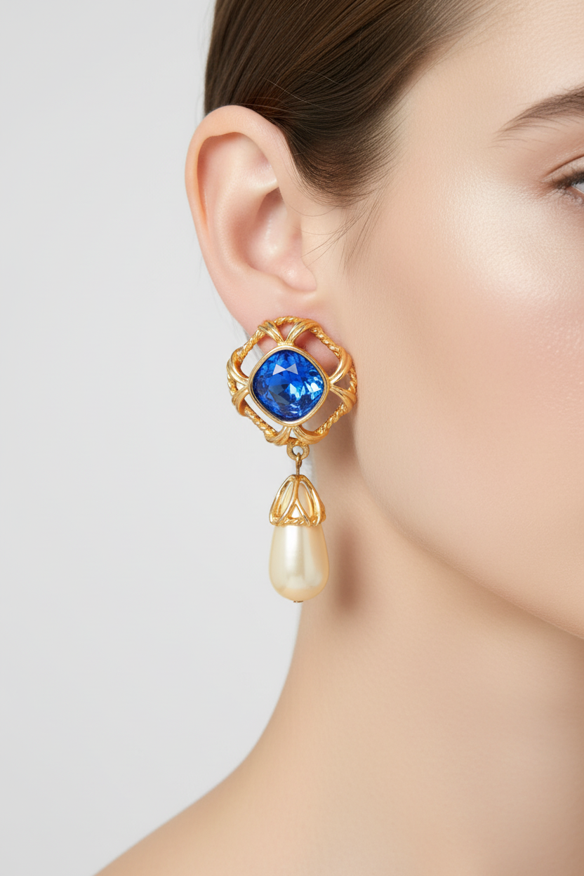 Swarovski Blue Crystal and Pearl Drop Earrings