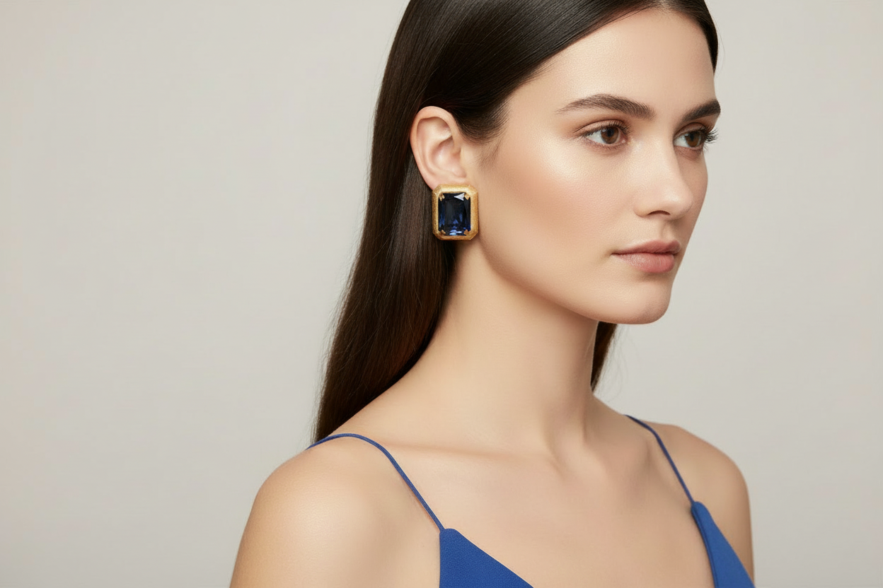 Woman wearing a pair of gold earrings with blue gemstones on a neutral background