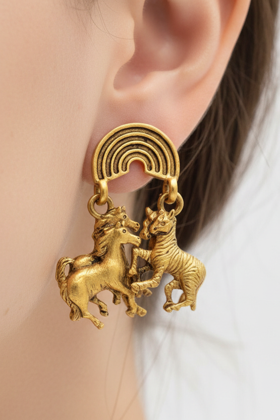 Gold earring with rainbow and horse design worn by a person