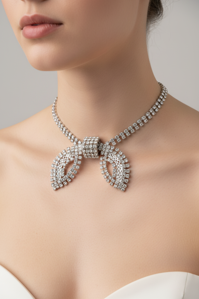 Duane Vintage Rhinestone Bow Choker Necklace