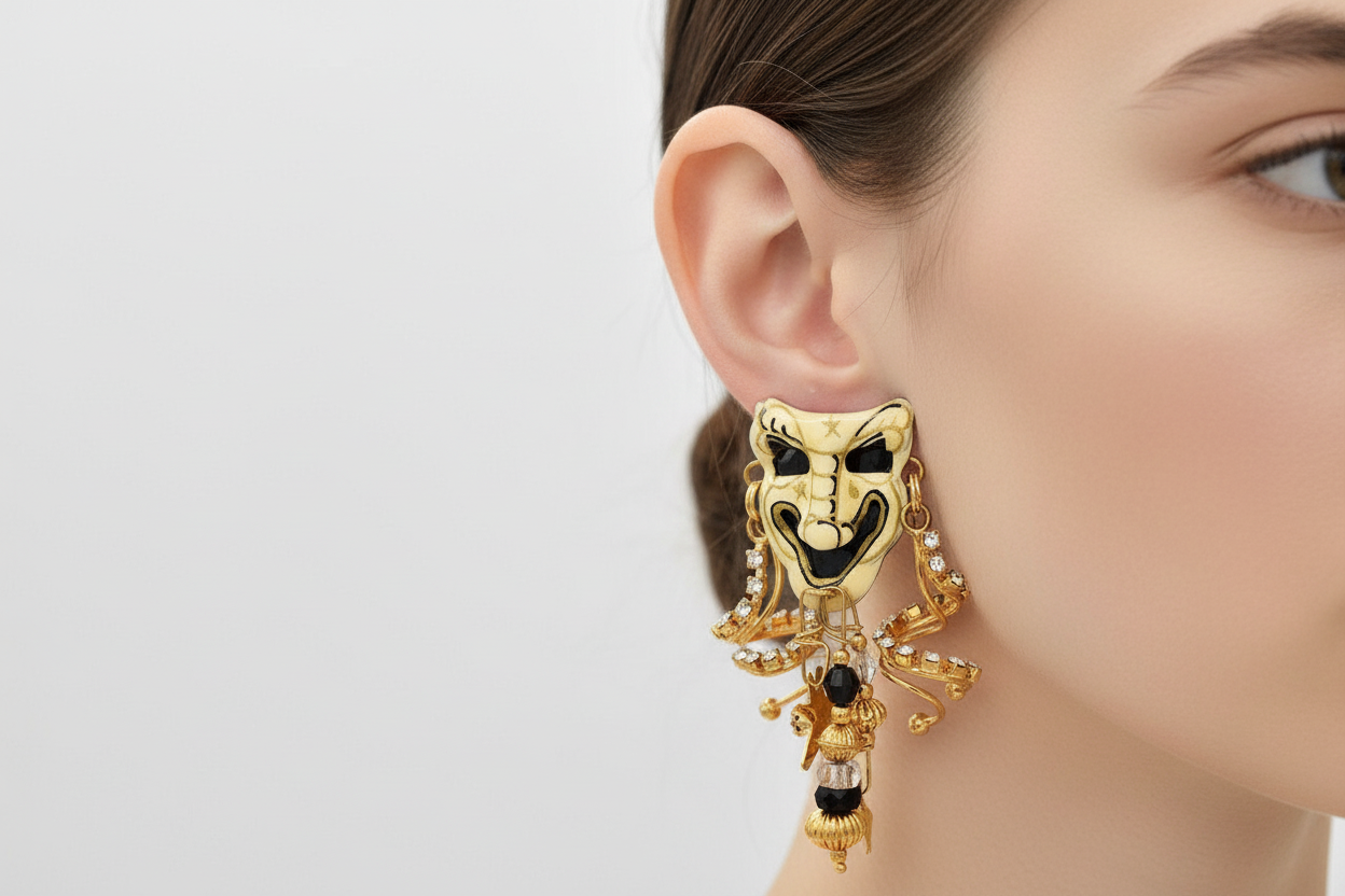 A pair of vintage black and whiteBroadway earrings featuring prong set crystals and theater mask designs.