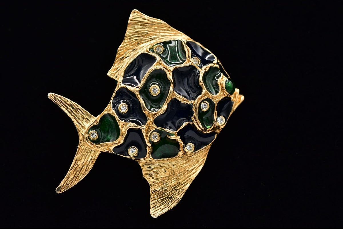 Vintage Green Black Enamel Rhinestone Crystal Fish Brooch Pin 1980s
