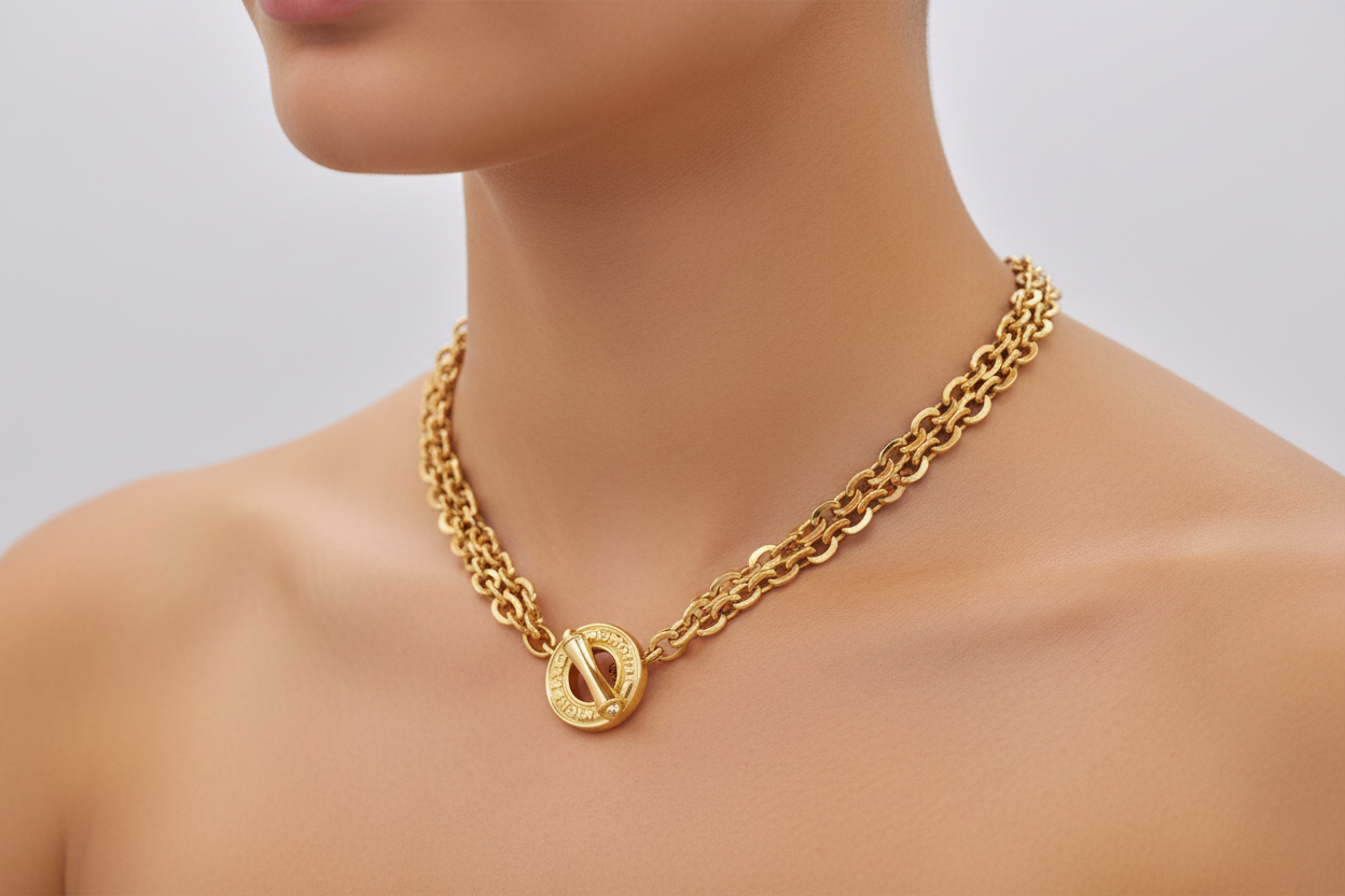 Gold chain necklace on a black mannequin bust with a white background
