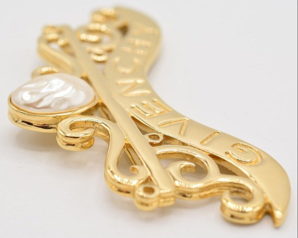 Givenchy Vintage Pearl Crown Logo Gold Tone Brooch Pin – Poshique