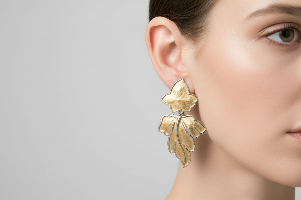 A pair of chunky leaf-shaped dangle earrings in gold and silver tones, displayed on a black stand.