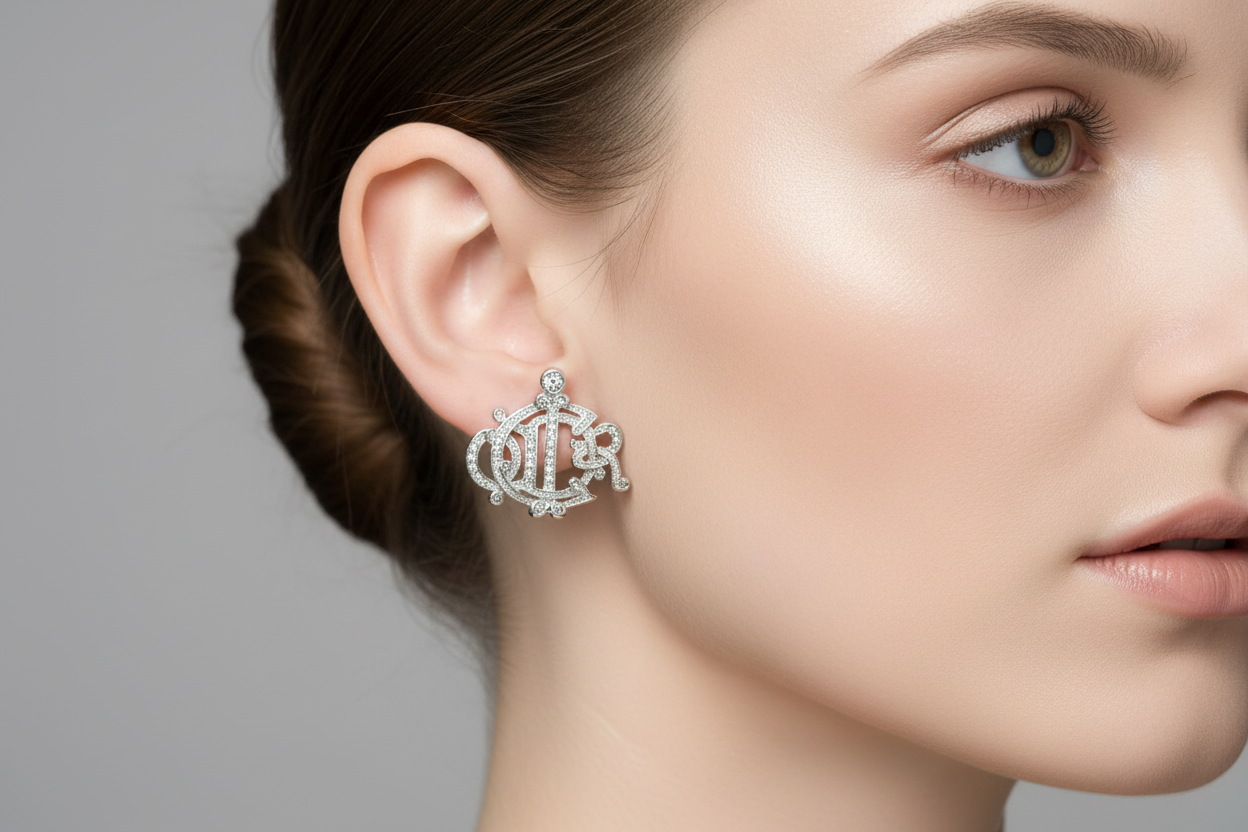 Christian Dior Vintage Script Earrings Insignia Logo Rhinestone Crystal 90s Bin1