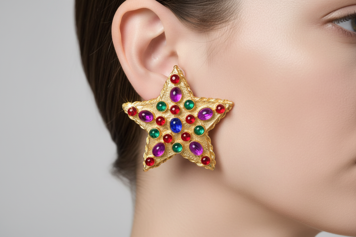 Vintage 1980s Chunky Star Cabochon Statement Earrings