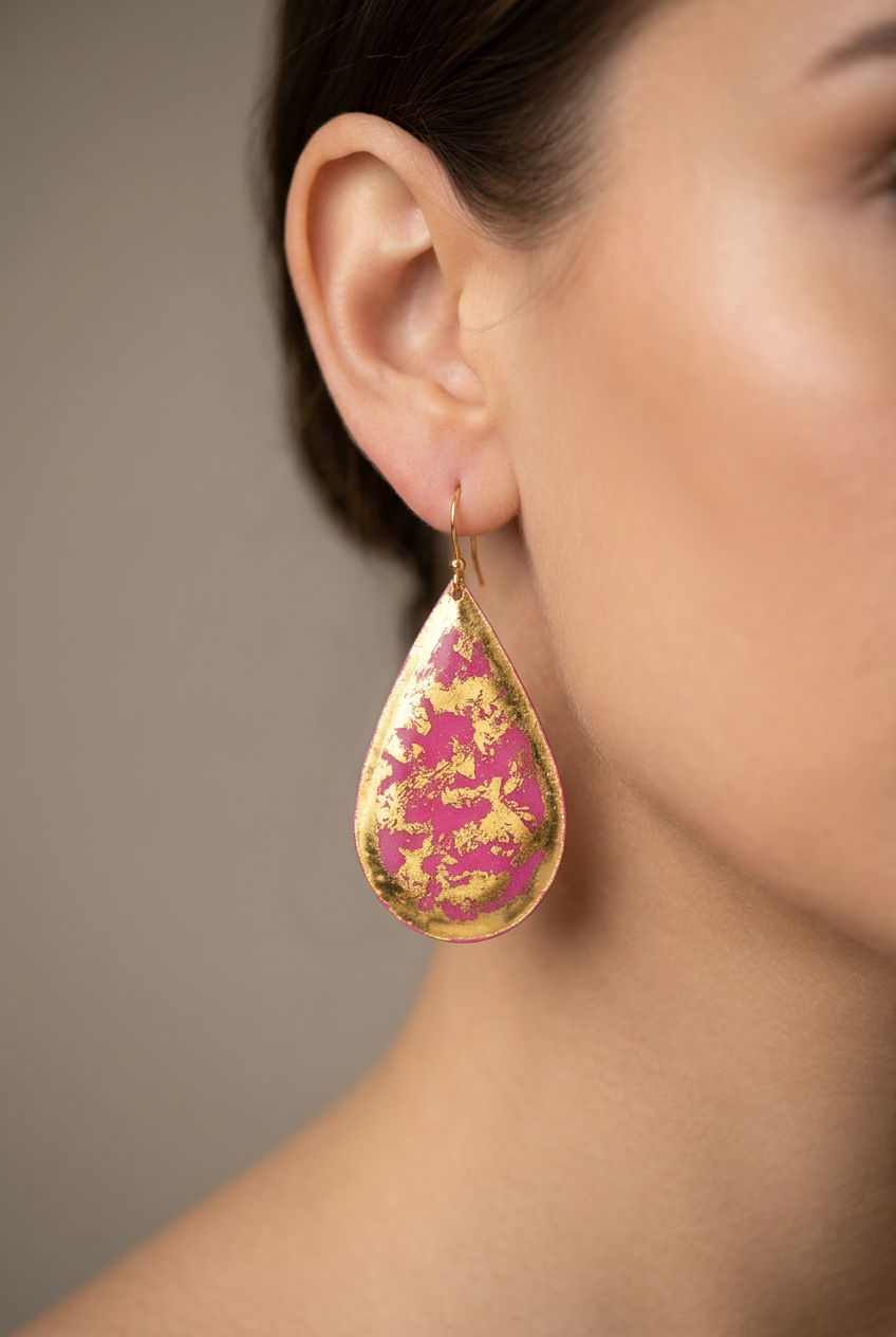 EVOCATEUR Pink Gold Leaf Teardrop Dangle Earrings