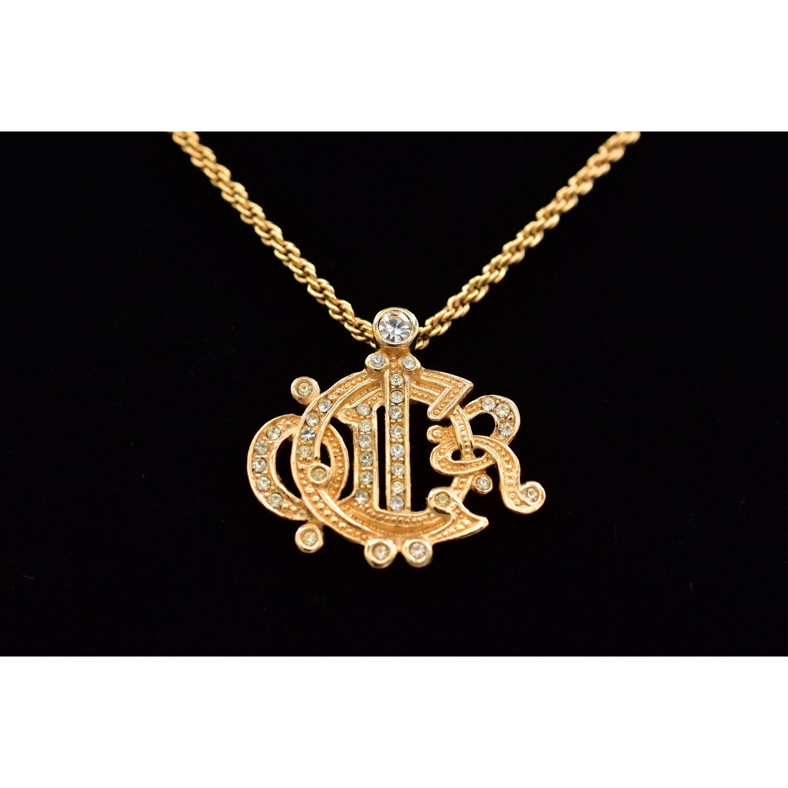 Christian Dior Crystal Insignia Monogram Logo Necklace