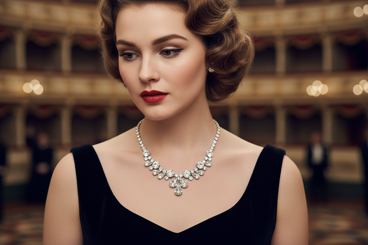 Silver necklace on a black mannequin against a white background