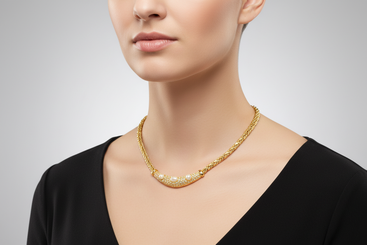 Gold necklace with pearls on a black background