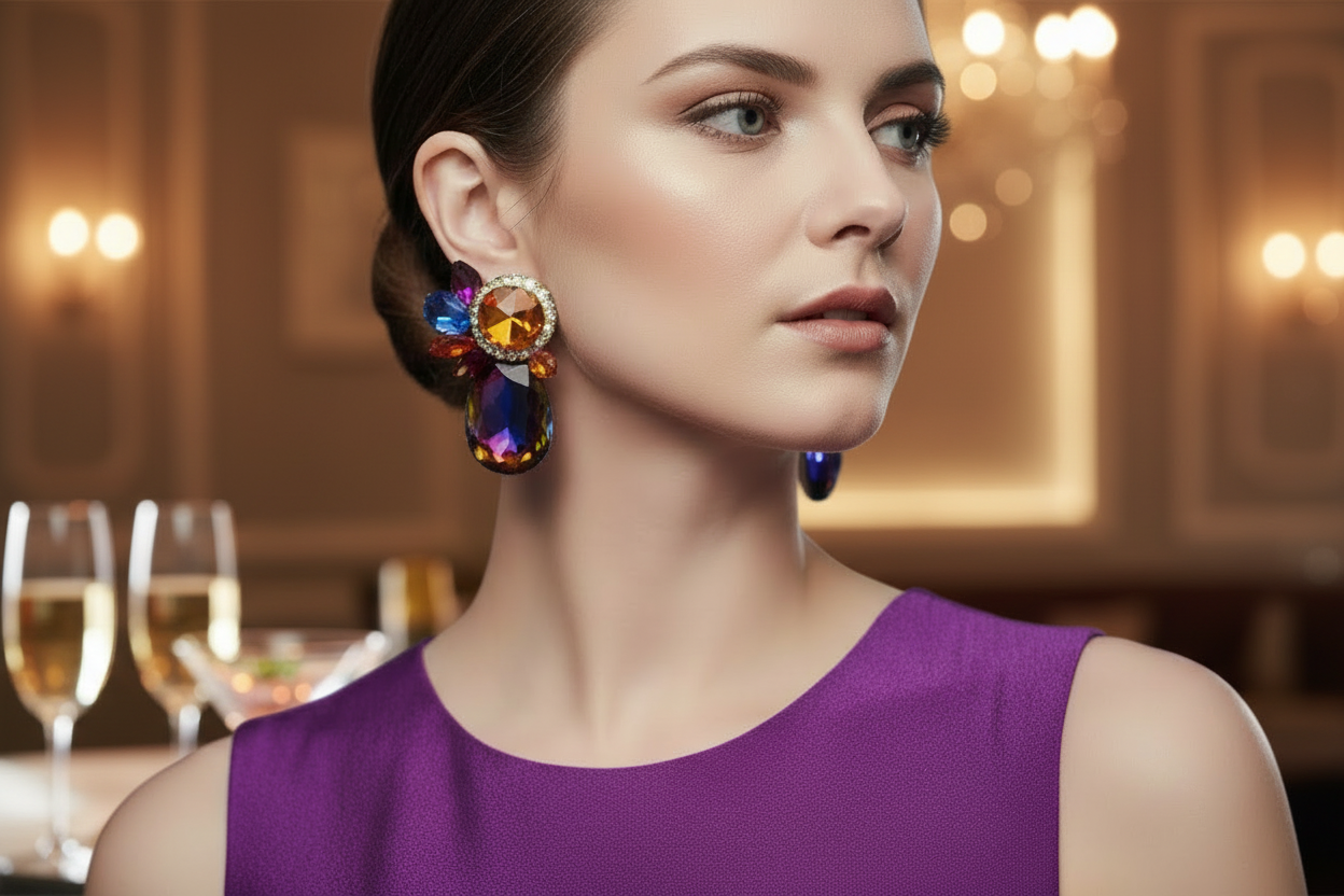 Woman in a formal setting with colorful earrings